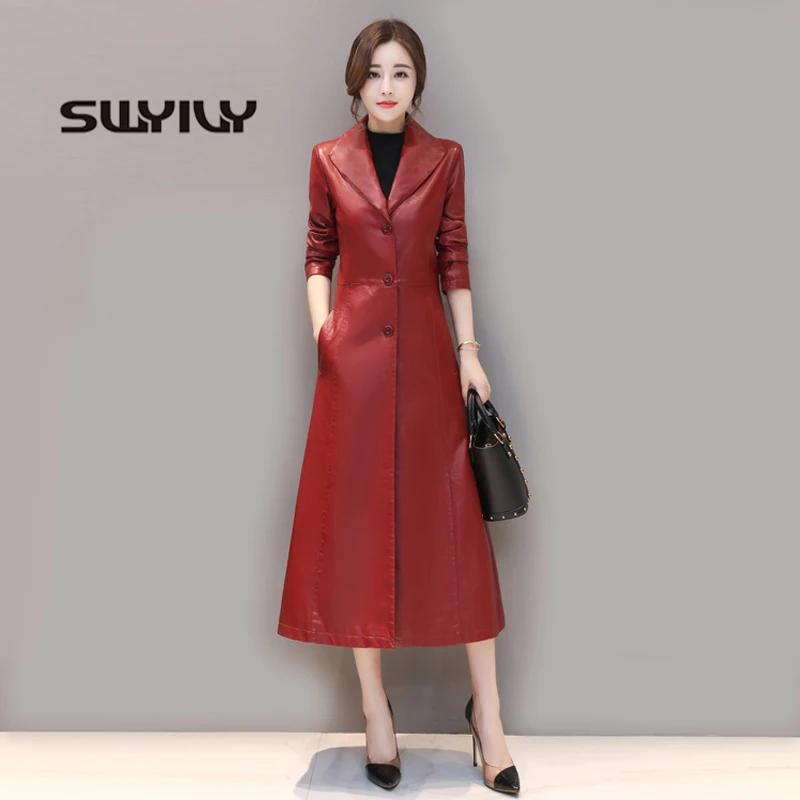 SWYIVY Women Leather Coat PU Long Motobiker 2018 New Female Slim Fashion Leather Jackets Locomotive Large Size Woman Coats 4XL