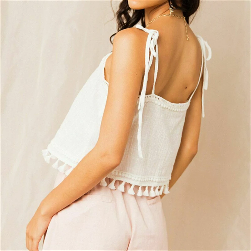 2019 Summer White Women Tank Tops Women's Summer Sleeveless Shirt Solid V-neck Casual Top Tassels Woman Shirt Ladies T-shirt