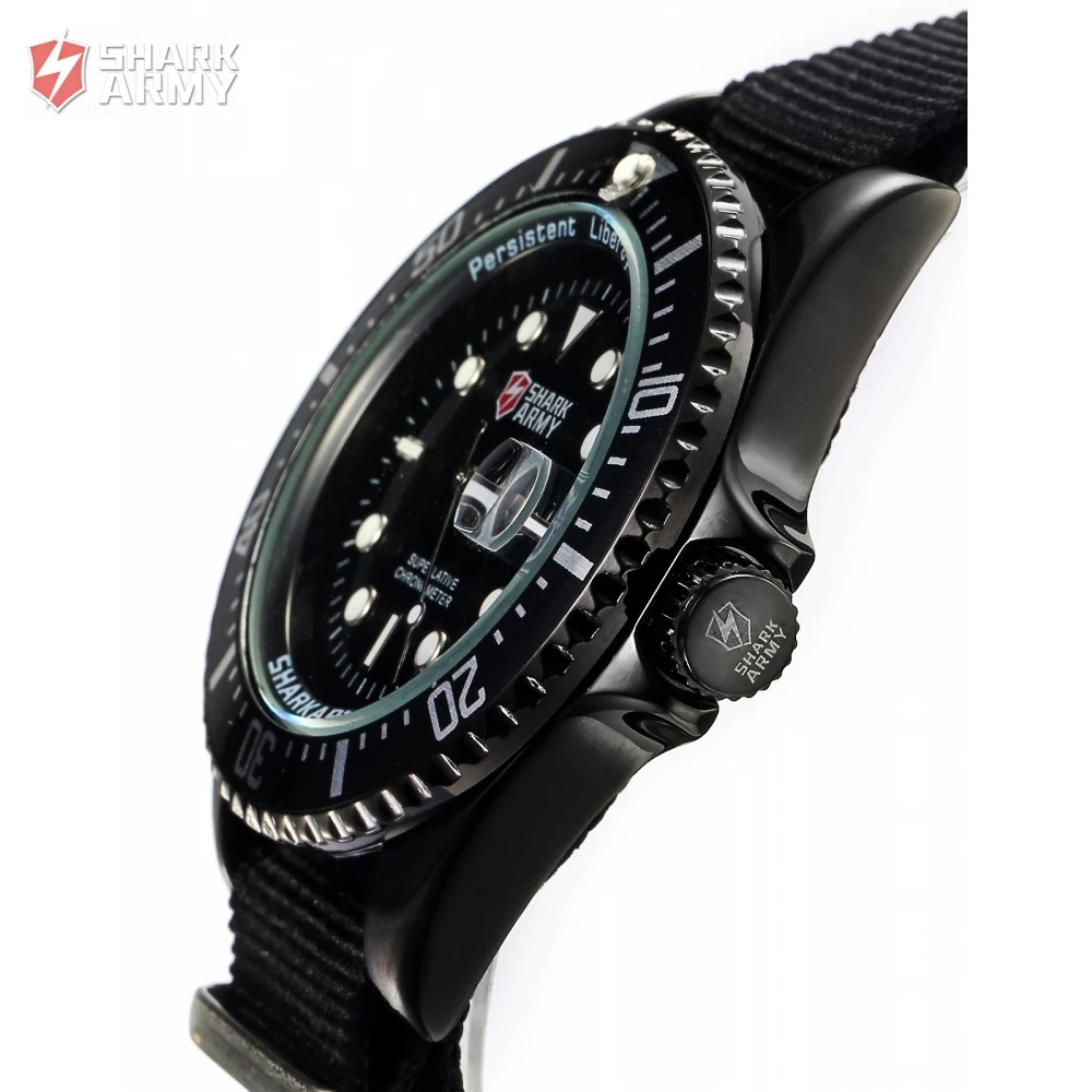 SHARK ARMY Auto Date Display Black Stainless Steel Case Nylon Fabric Strap Men Wrist Watch Quartz Sport reloj hombre Gift/SAW015