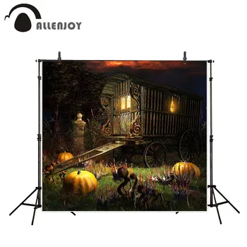 

Allenjoy photo backdrops Halloween pumpkin carriage night vintage grass oil painting background professional original design