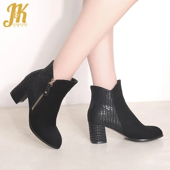 

JK Emboss Pu High Heels Thick Boots Women Round Toe Boot Ladies Zip Flock Shoes Female Party Shoes Winter 2019 New Blue