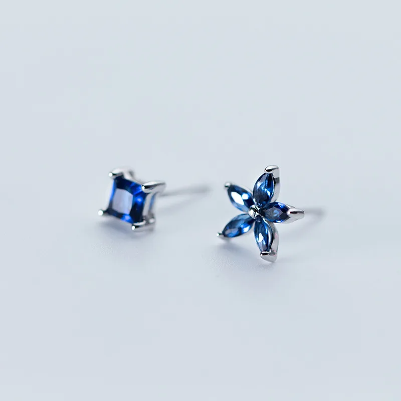 blue flower sweet CZ earring 100% 925 Sterling silver Jewelry fashion Hypoallergenic Stud earrings for women gift