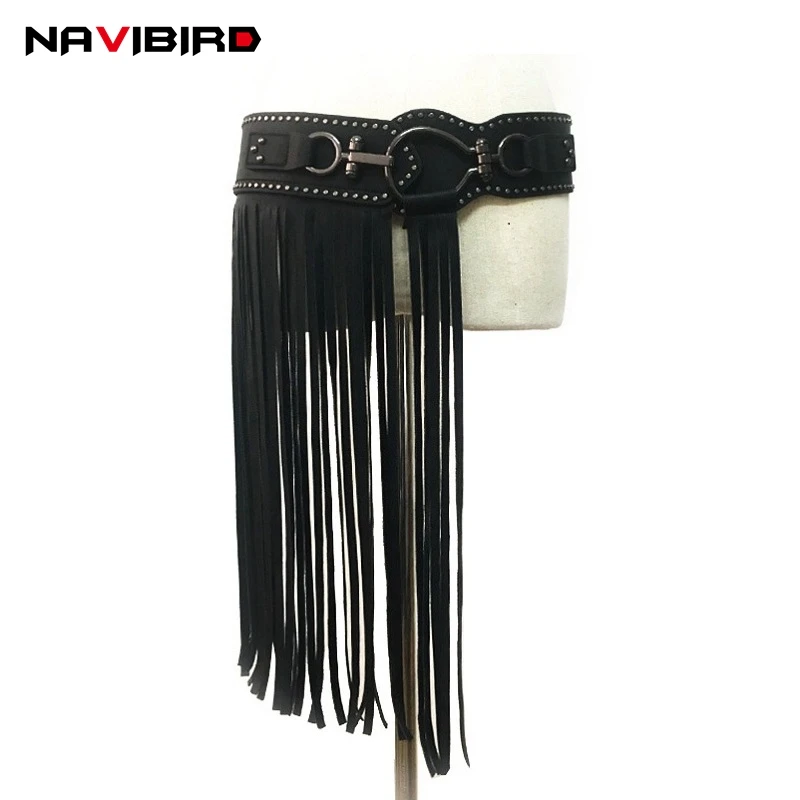 

Punk Long Tassel fringe Belts For Women Rivet Wide Hook Up Buckle Elastic Belt Black Round Buckle Ladies Corset Belt Riem