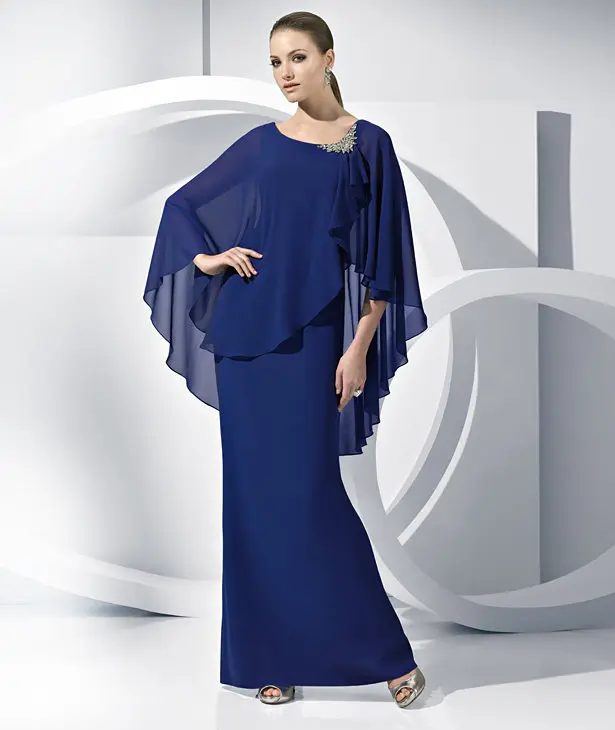 E MARRY New Navy Blue Sheer Cape Evening Dress 2017 Elegant Satin with
