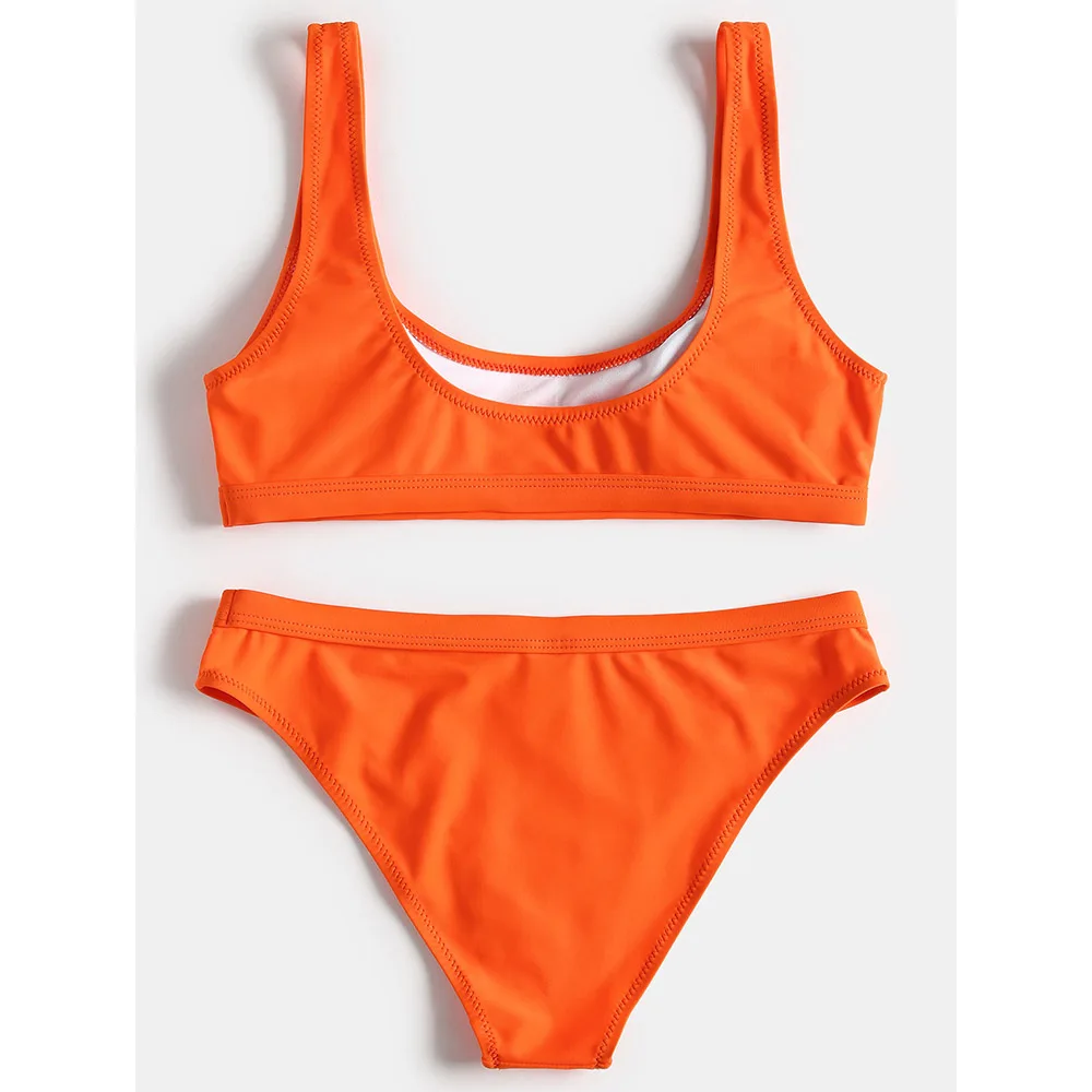 U Neck Bikini Set Scoop Padded Bikini Sport Swimsuit Women Swimwear Orange Bathing Suit 2018 New Solid Beach Wear Femme
