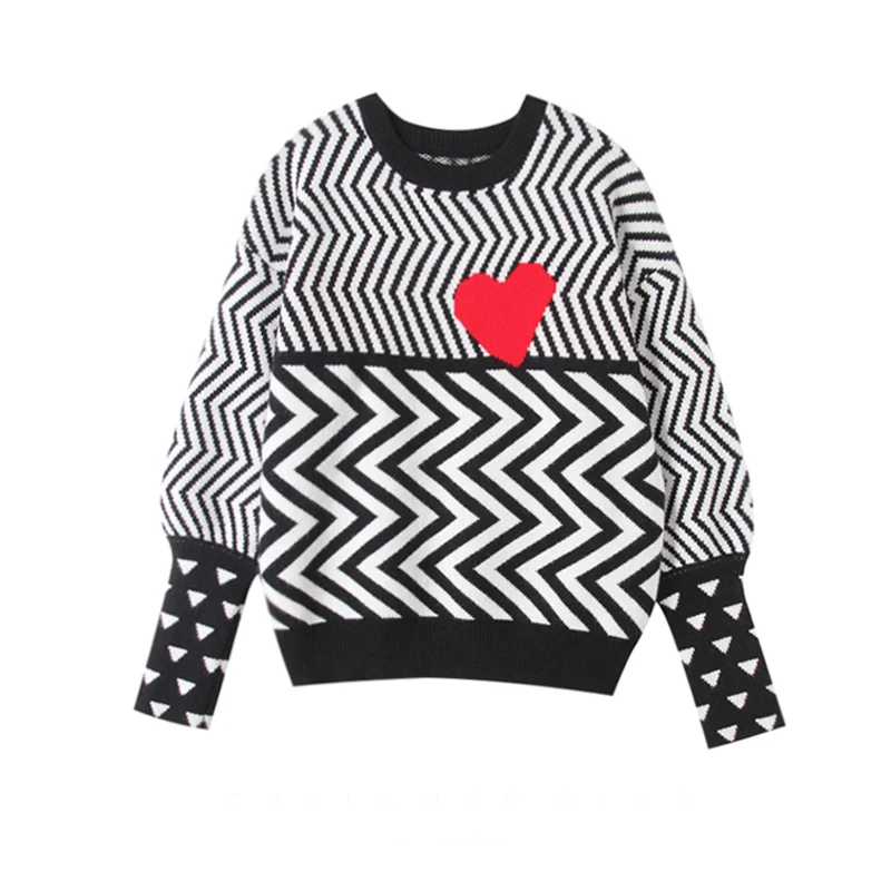 

Geometric Heart Pattern Long Sleeve Tops Lovely Pullovers Knitted Loose Sweaters Tops 2019 Autumn Winter Women Sweaters