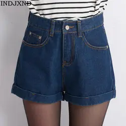 INDJXND Европейский стиль Для женщин Джинсовые шорты Винтаж Высокая Талия манжетой джинсы шорты Street Wear сексуальные шорты для на лето и весну