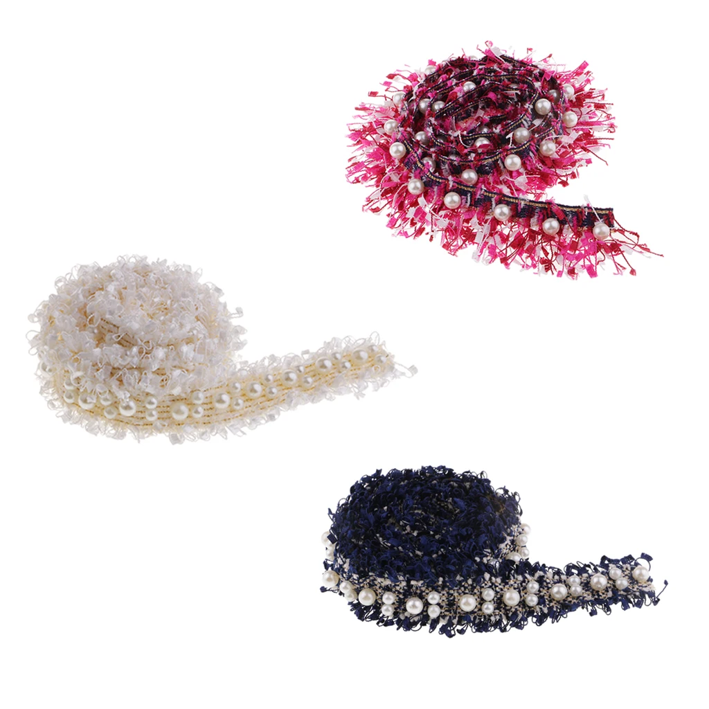 3pcs/1 Yards Handmade Pearl Beaded Embroidery Ribbon Lace Trim Embellishment for Wedding Party Christmas 3/4.5cm