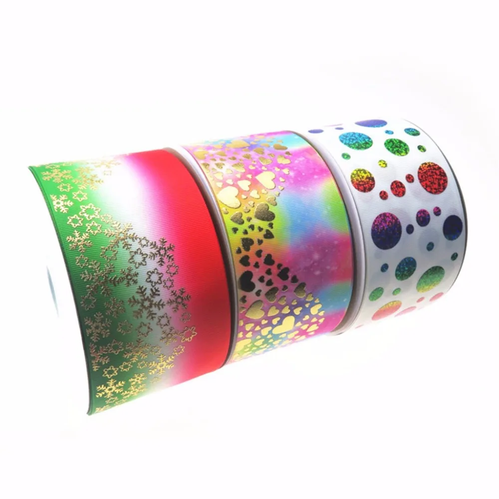 

100Y/lot 75mm 3" hologram gold Christmas snowflake Valentine hearts grosgrain ribbon welcome custom order
