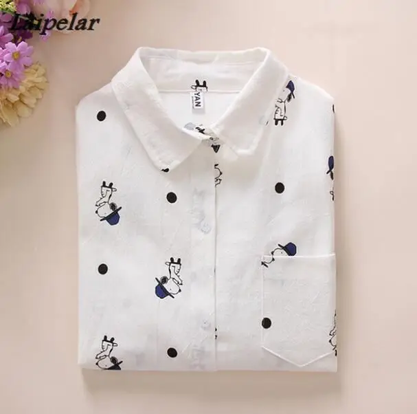

2018 Spring New Women Long Sleeve High Quality Cotton Shirt Cartoon Dog Print Casual Blouse Shirts Slim White Tops Blusas