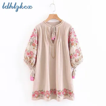 

Women Dress Floral Embroidery Mini Dresses 2019 Spring Summer New Streetwear Loose Fashion Cotton Linen Vestidos Feminina LD710
