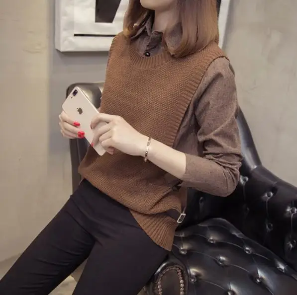 Spring Winter New Women Fashion Sweater Shirt and Knitted Vest Fake Two Pieces Sweaters Black Khaki Gray Burgundy Green Tops LM2 | Женская