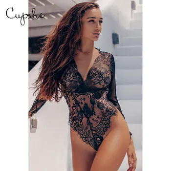 

CUPSHE Women Solid Black Mesh Lace One Piece Lingerie Sexy Deep V neck Brassiere See Through Bralette Underwear Thong Bodysuit