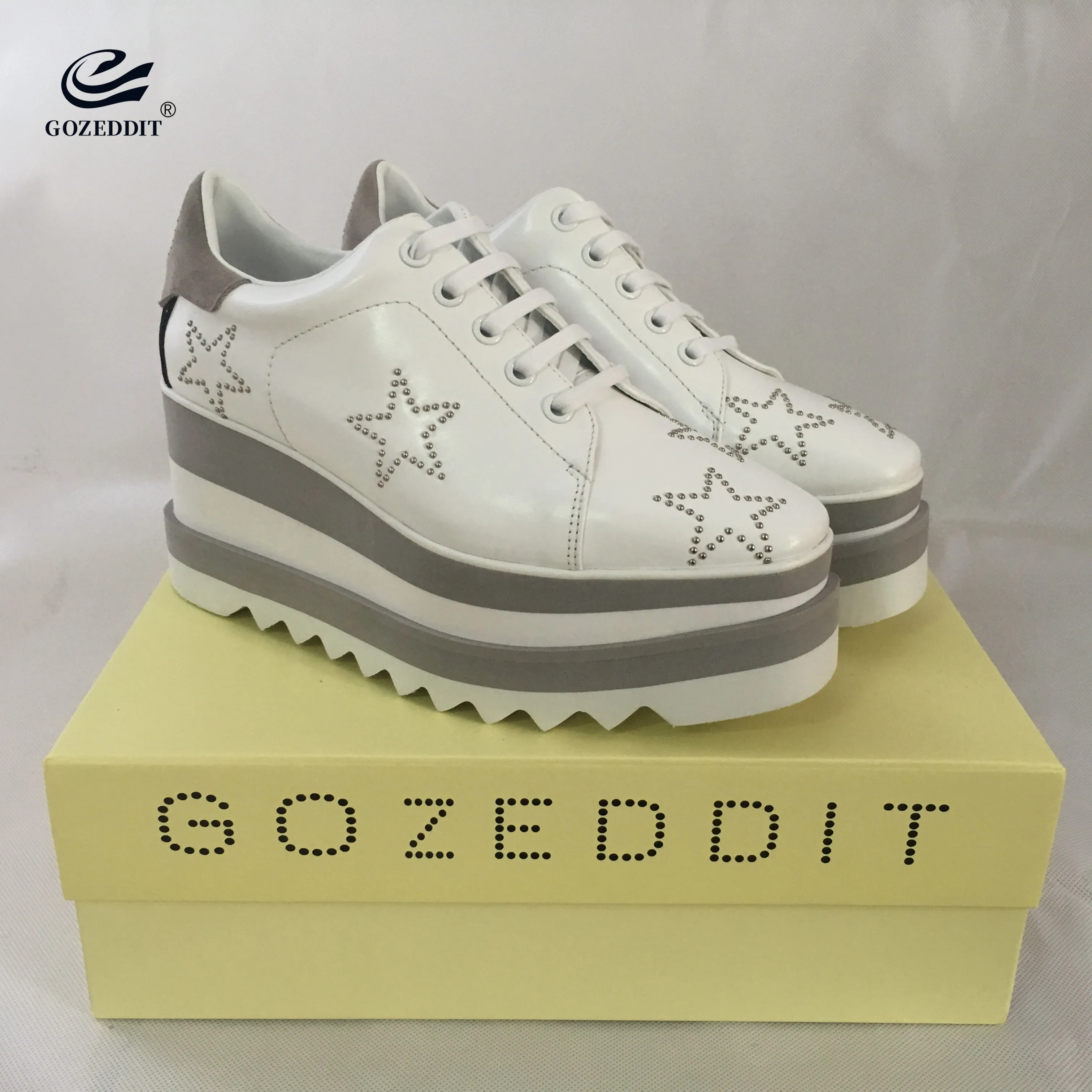 

GOZEDDIT Rhinestones Stars Women Fashion Wedges Shoes Lady Oxford Casual Creepers Striped Rubber Sole