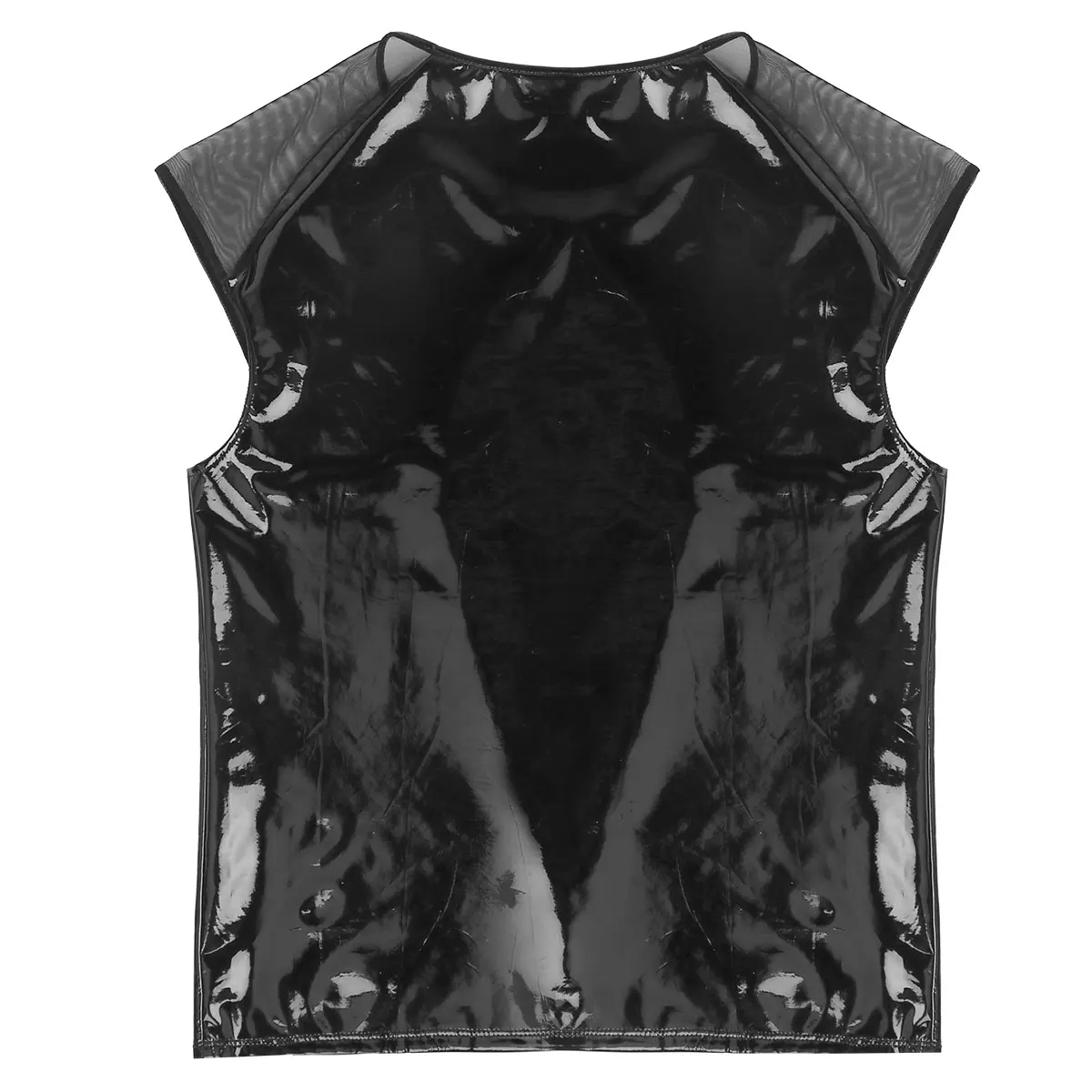 Черное Мужское нижнее белье Футболка модная Wetlook Кепка из искусственной кожи рукава круглый вырез сетчатый пуловер Клубная одежда Костюмы Топы на бретелях