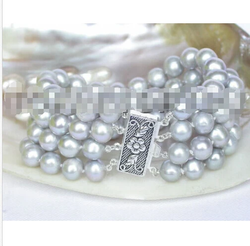 

Free shipping >>>>>>8" 4row 10mm Gray round FW pearls bracelet 925 silver clasp E34