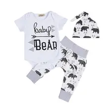 Cute Newborn Baby Clothes 3pcs Summer Infant Girls Boy Baby Bodysuit Tops Casual Bear Long Pants Leggings Hat Baby Outfits Set