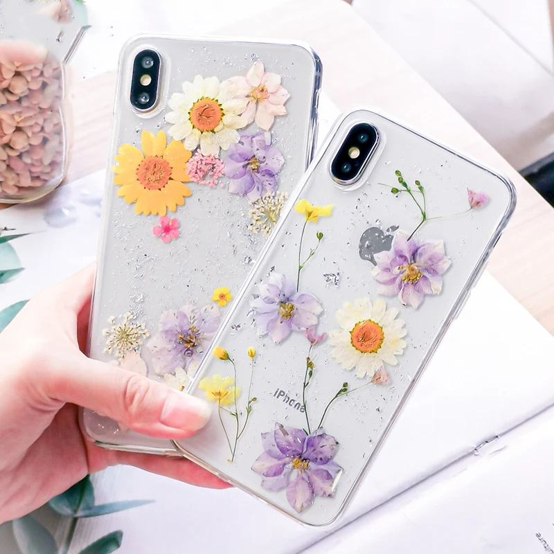 

Real Flowers Dried Flowers Transparent Soft TPU Cover For iPhone X 6 6S 7 8 plus Phone Case For iphone XR XS Max Cover