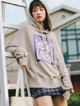 

Simple BF Sweatshirt casual hooded long-sleeved plus velvet thickening loose Female character Side slit print lacing pullover