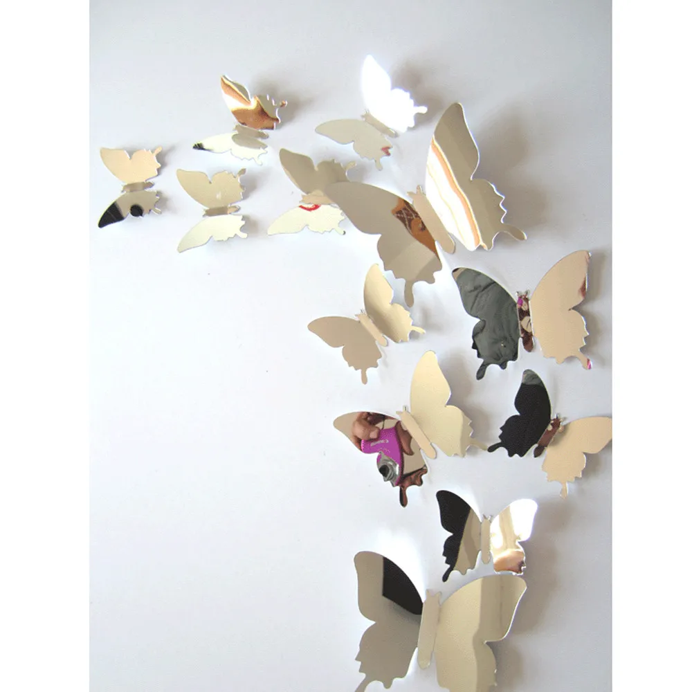 

2019 12pcs/set New Arrive Mirror Sliver 3D Butterfly Wall Stickers Party Wedding Decor DIY Home Decorations