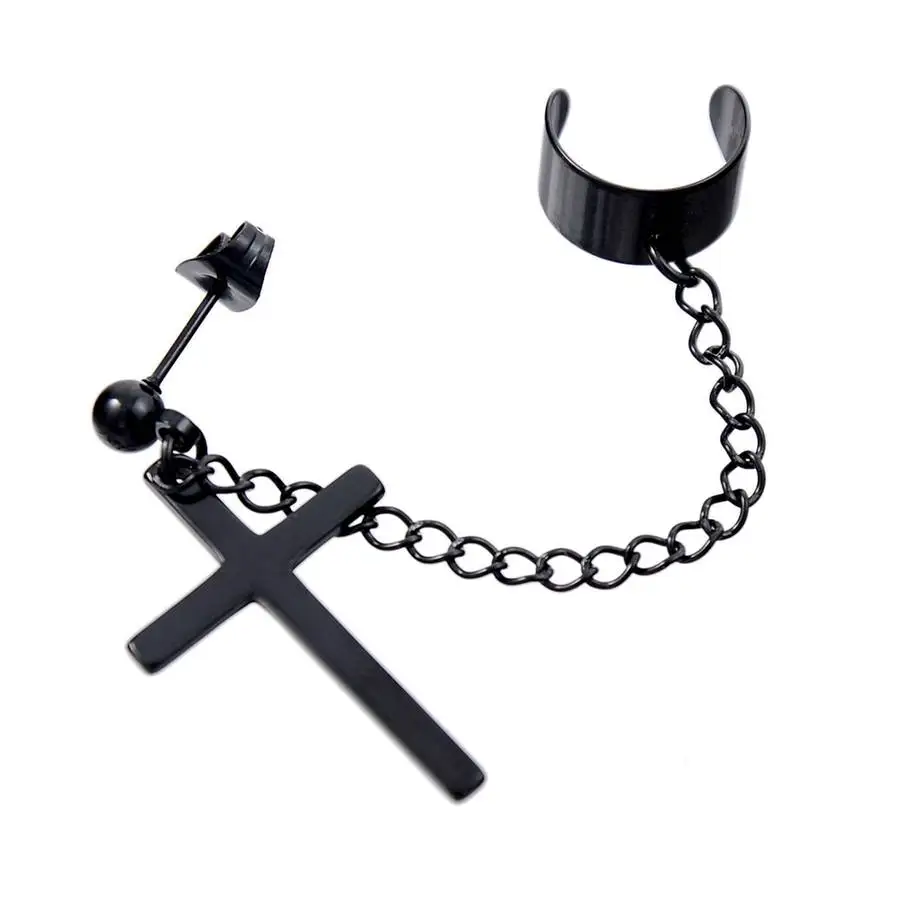

1 PC Punk Steel Ear Clip Tassel Chain Earrings Cross Pendientes Ear Cuff Hip-hop Women Men Earing Jewelry Black Silver Color