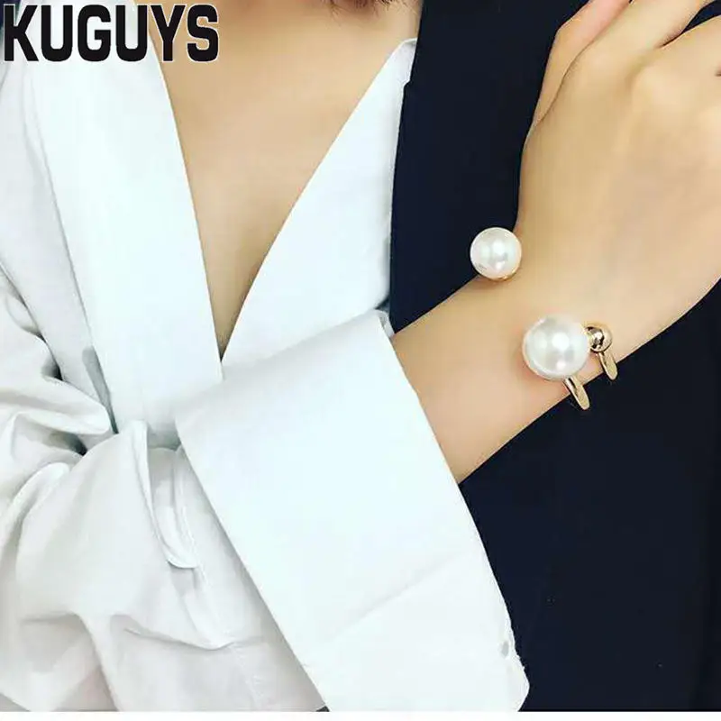 

KUGUYS Gold Metal Big Pearls Bangles for Women Hyperbole Wide Trendy Opening Bracelet Fashion Jewelry Party Cool Accessories
