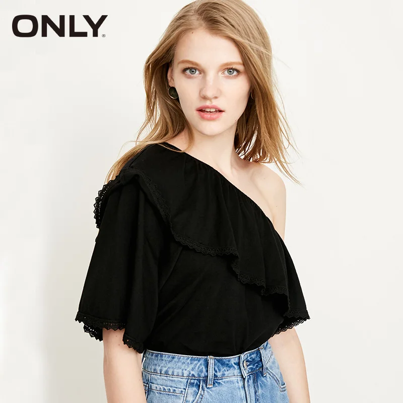 

ONLY Women's 2019 Spring & Summer Loose Fit Off-shoulder 100% Cotton Short-sleeved Black T-shirt |118230506