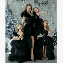 Платье для мамы и дочки; Одинаковая одежда для мамы и дочки; нарядное платье на свадьбу для мамы и дочки; сетчатый черный костюм с косым плечом; Y684