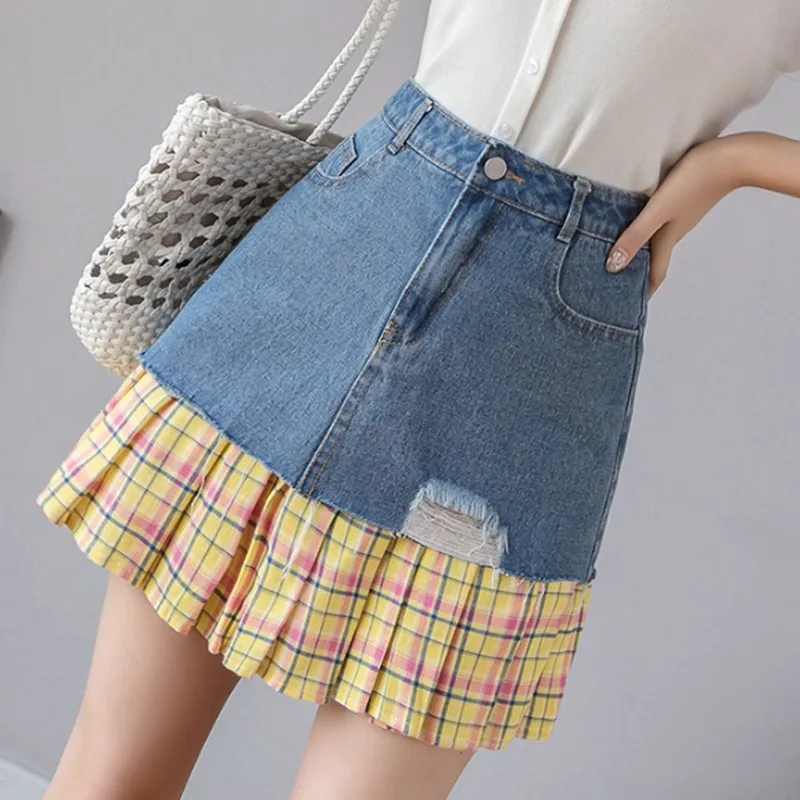

Plus Size Hole Denim Skirt Women Summer Fashion Button Jean High Waist Skirts Casual Vintage Plaid Splice Pleated Skirts Women