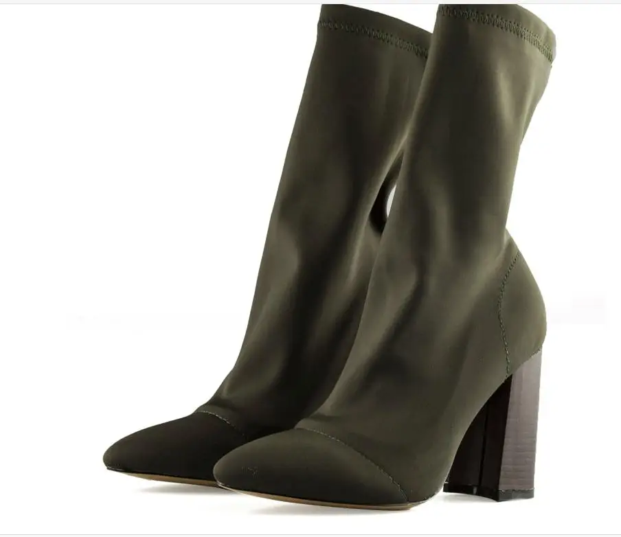 Aneikeh/ г. Армейские зеленые тянущиеся вязаные ботильоны женские короткие ботиночки на квадратном каблуке с острым носком, обувь на высоком каблуке 8,5 см TB-1 - Цвет: Green