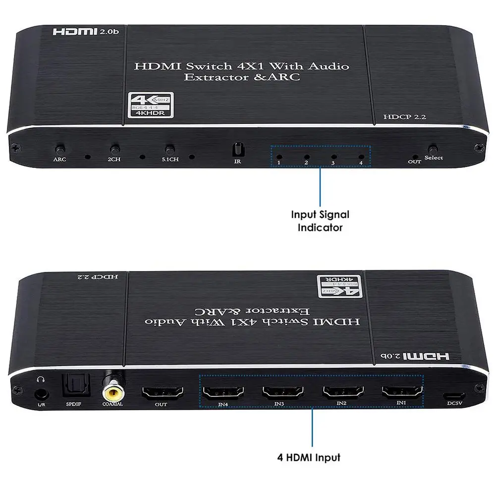 

HDMI4 In 1 Out With Audio Splitter HDMI2.0 Audio Splitter HDMI Switcher ARC HDR HDCP 1.4 4K@60Hz HDMI Switch Matrix 4x1 4k EDID