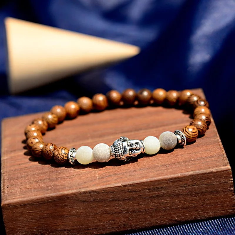 Серебряный браслет с тибетской символикой Будды для женщин этнический буддизм 6 мм деревянный бисер Homme Йога браслет молитва Модные мужские ювелирные изделия подарок