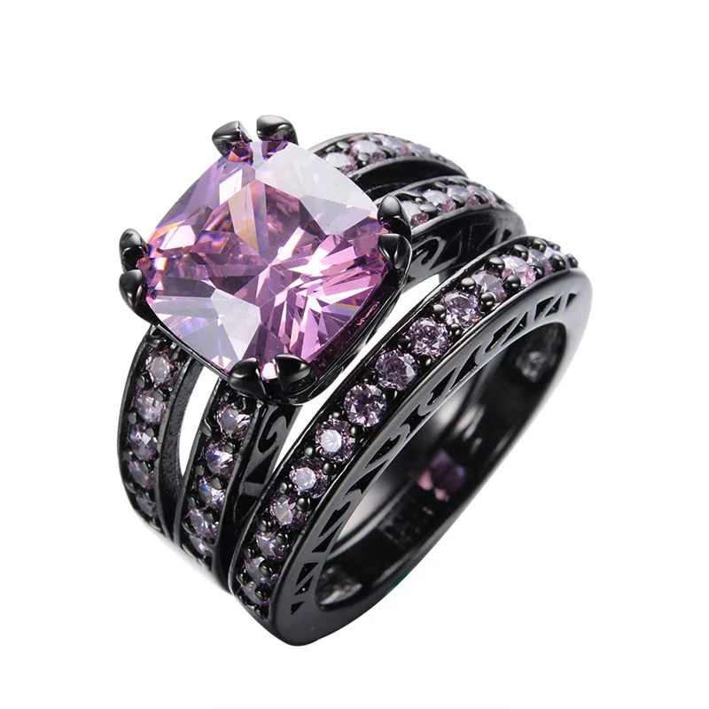 elegant princess cut pink stone couple rings womens fashion crystal jewelry black gold filled wedding ring - Pink And Black Wedding Ring Set elegant princess cut pink stone couple rings womens fashion crystal jewelry black gold filled wedding ring - Pink And Black Wedding Ring Set