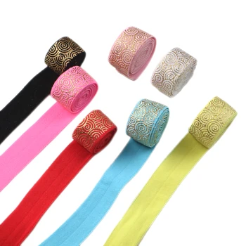 

David accessories 5/8‘’16mm 50yard/roll Gold Foil Flower Printed FOE Elastic Ribbon DIY Bow Wedding Decoration Material,50Yc7022