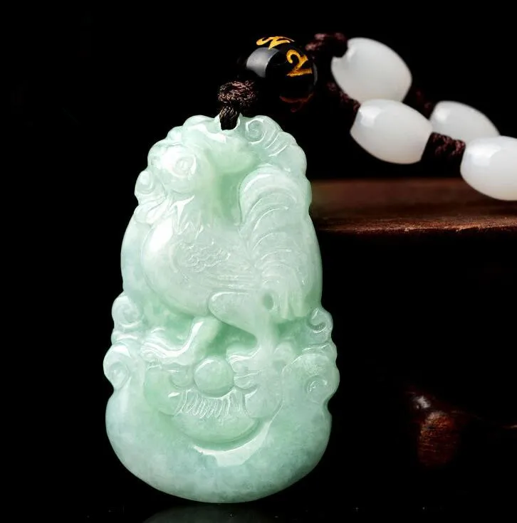 

Natural grade A jadeite myanmar green jade Chinese zodiac chicken Mysterious protection pendants jade with certificate