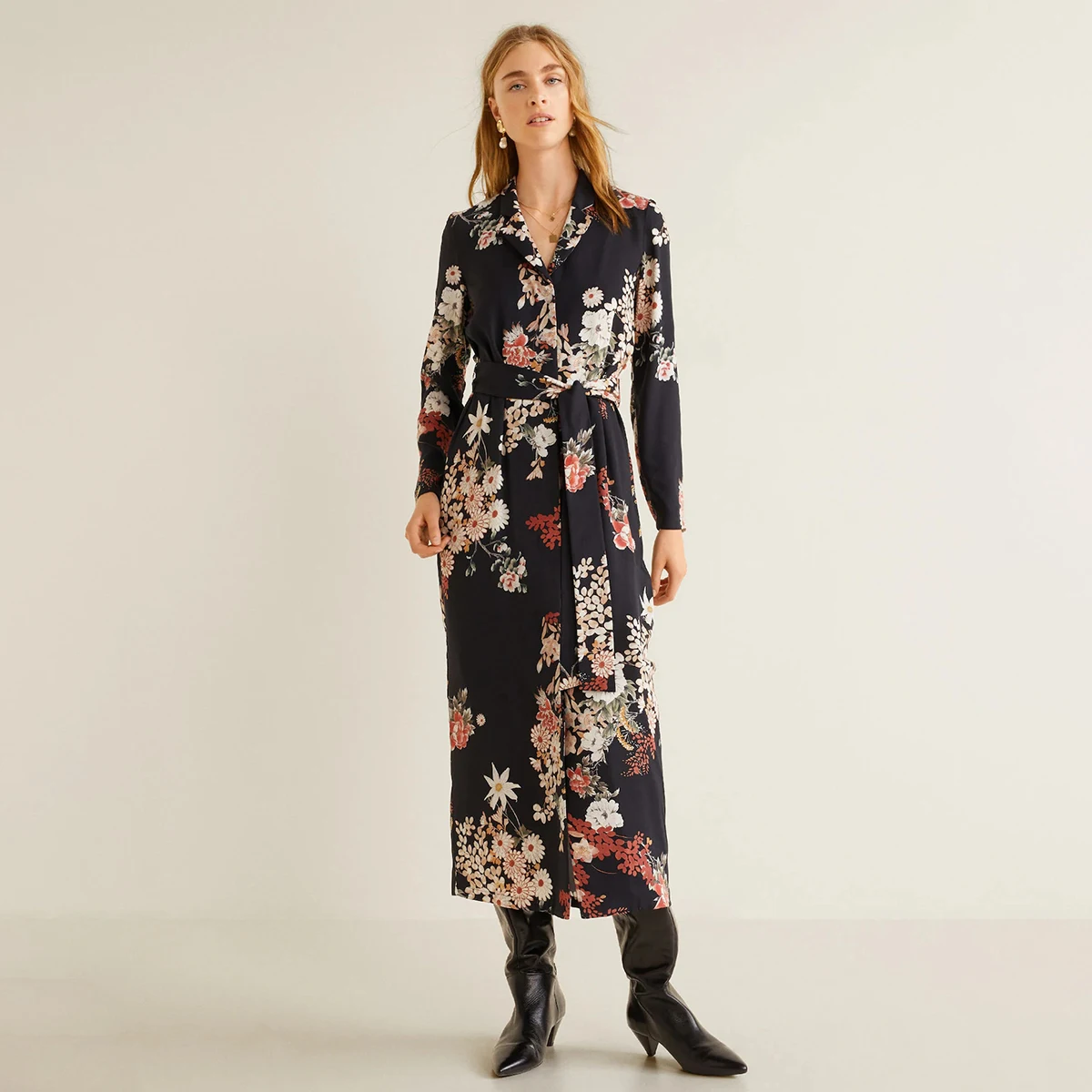 

Flower Print Elegant Long Dress Women 2019 Autumn Summer Long Sleeve V neck With Belt Dress Boho Beach Party Midi Dress