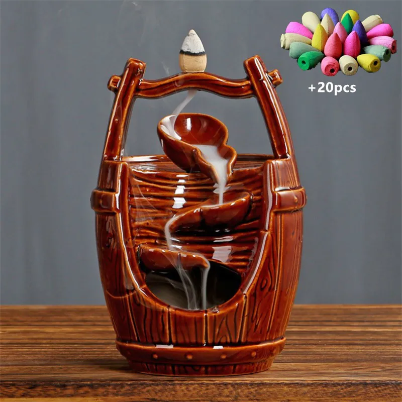 Ceramic Handicraft Ornaments Waterfall Backflow Incense Burner Home Office Decor Incense Censer Holder+20pcs Incense Cones