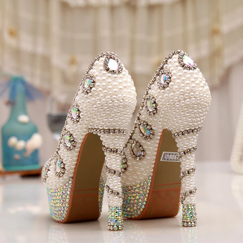 Свадебные туфли с кристаллами на каблуке AB Туфли невесты с белым жемчугом Туфли для бала и вечеринки на высоком каблуке 14 см Туфли-лодочки на платформе с блестками