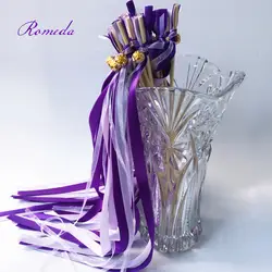 Лидер продаж фиолетовый и светло-фиолетовый пятно Ribbon жезлы Свадебный палочки церемонии палочки с красочным колокол для Свадебные