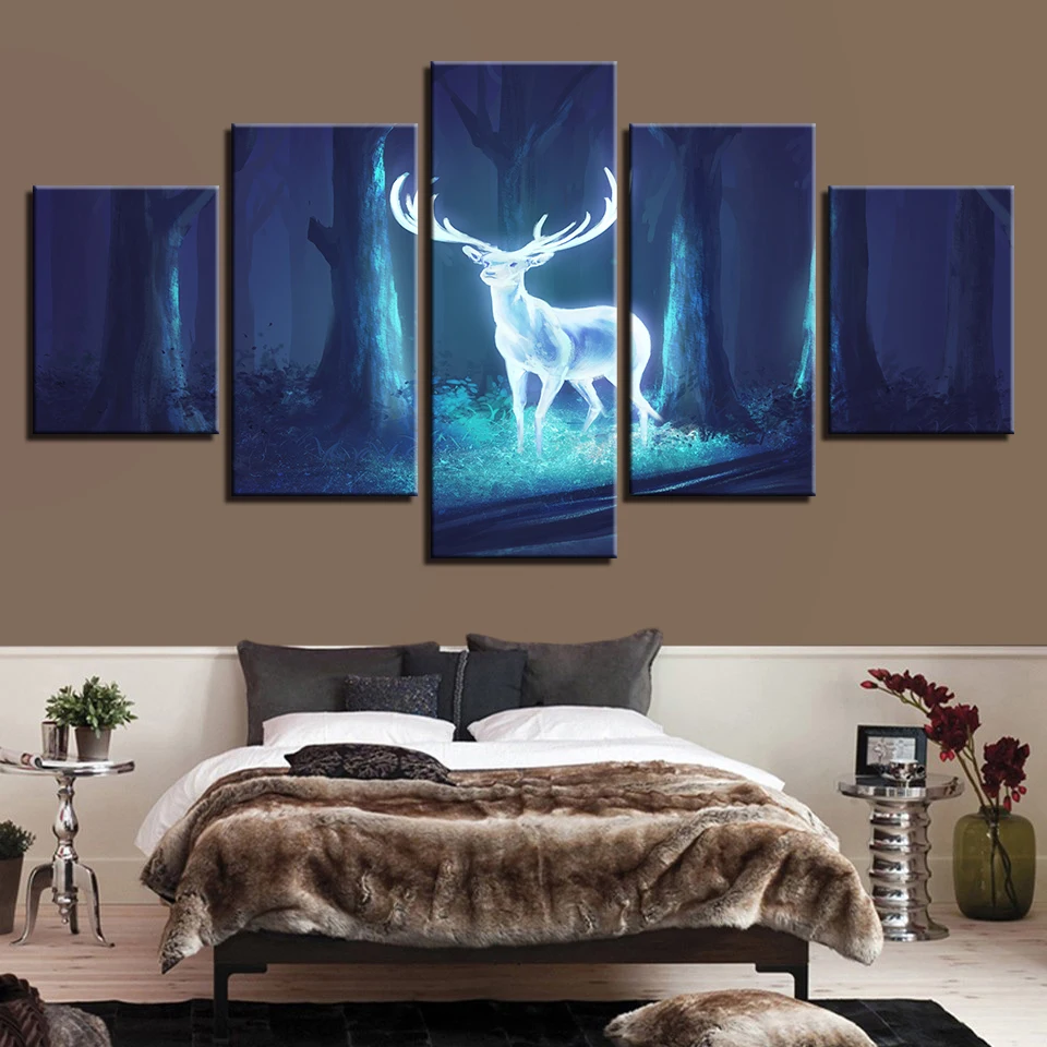 

Animal Picture Art Decor 5 Pieces Luminous Deer In The Forest Night Scene Canvas Painting Poster Modular Living Room Wall Prints