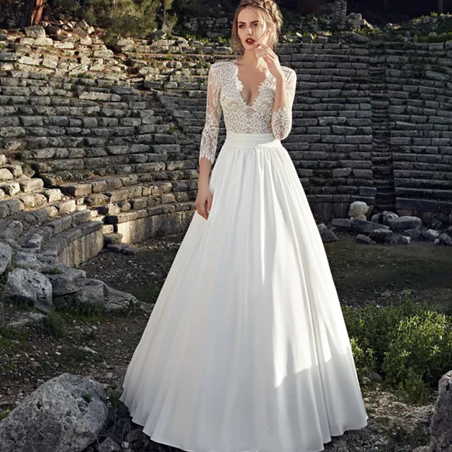 modest 3/4 mangas de encaje vestidos de bola vestidos de novia de