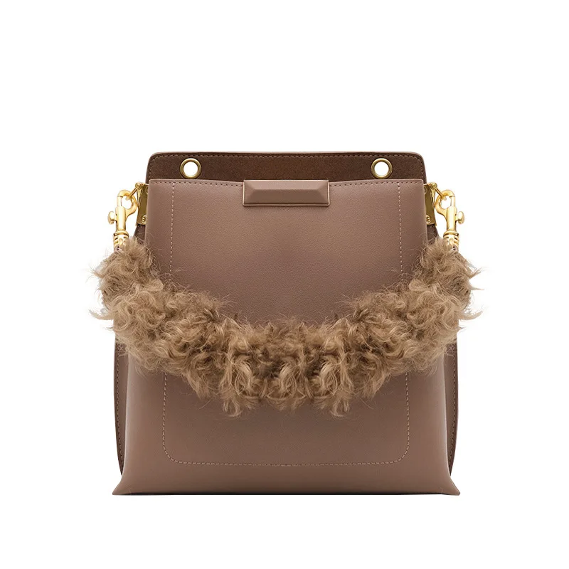 

Curly Wool Large Cow Leather Bucket Bag Shoulder Bag Crossbody Bag for Woman