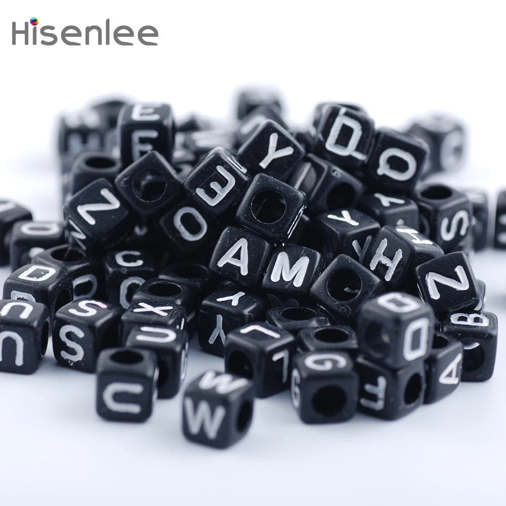 Hisenlee, высокое качество, 200 шт./лот, 6x6 мм, бусины с черными буквами, сделай сам, свободные кубик алфавита, бусины для прорезывания зубов, ожерелья и соски, клипсы