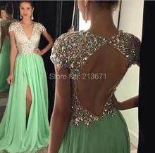 Uzun Abiye 2016 Yeşil Yarık Kristaller Boncuklu V Boyun Bir hattı Vestidos De Dresses Balo Parti Elbise Parasız Kargo Hususi SJ