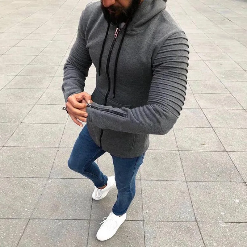 

Envmenst 2018 New Fashion Men Wrinkled Sleeves Solid Color Cardigan Sweatshirts Male Causal Zipper Hoodies