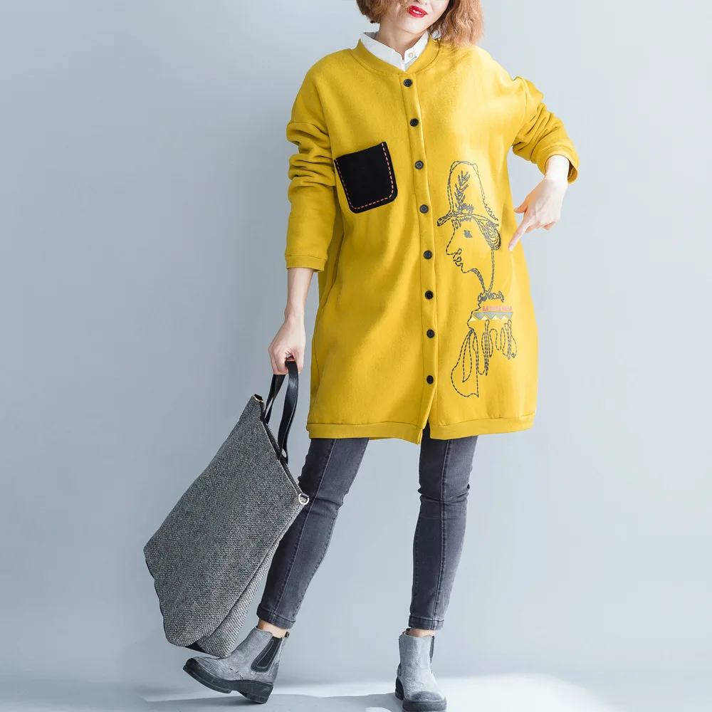 lower price  2019 plus size women fleece jacket coat cartoon print pocket patchwork V neck female casual long ov