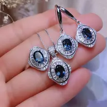 MeiBaPJ Природный глубокий Лондон Голубой топаз драгоценный камень цветок ювелирный набор 925 Чистое серебро 3 шт. Костюм Свадебные ювелирные изделия для женщин