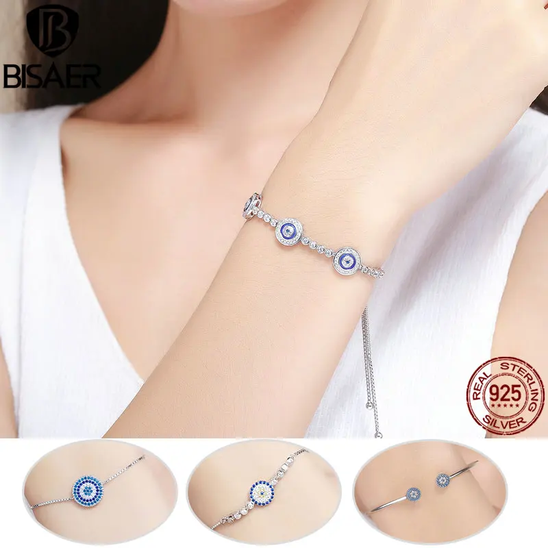Pulseira BISAER 925 فضة محظوظ العين الزرقاء الله العين النساء تنس أساور فام الأزياء فضة مجوهرات ECB002