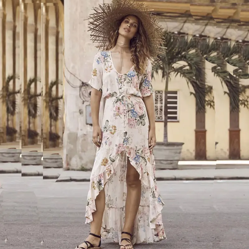 

V Neck Beach Maxi Dress 2019 Summer Short Sleeve Floral Printed Button Ruffle Boho Holiday Chic Female Sashes Dresses Vestidos