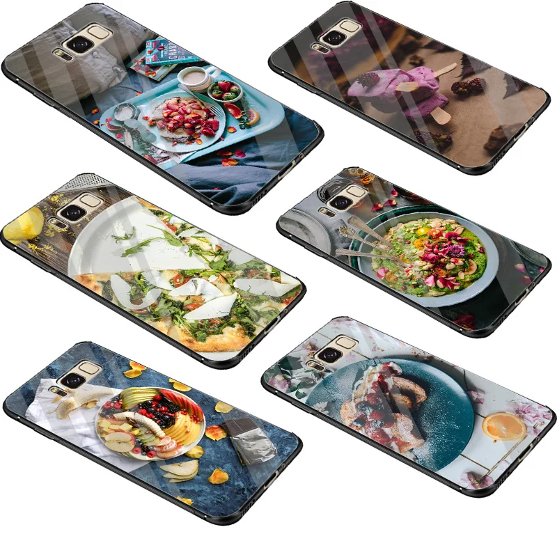

Food Tempered Glass Case For Samsung Galaxy A10 A20 A30 A40 A50 A60 A70 S7 Edge S8 S9 Plus S10 Note 8 9 Cover